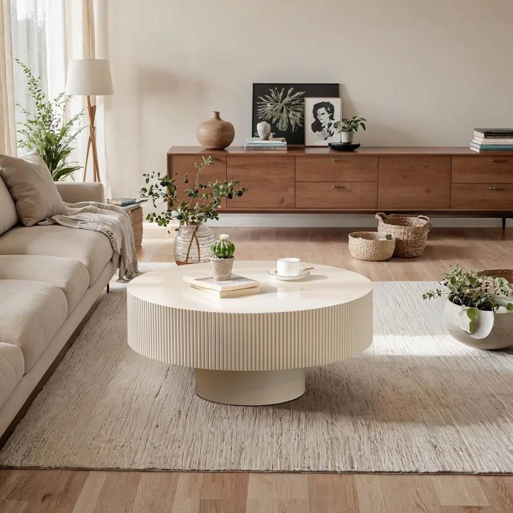 Modern Wood Round Coffee Table - Handcraft Fluted Coffee Tables with Sturdy Base, Easy Assembly, Contemporary Style Circle Coffe