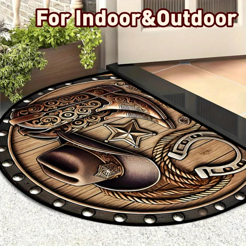 VIKAMA Western Cowboy Half Round Door Mat, tapis lavable antidérapant à imprimé chapeau de cowboy, bottes et étoiles, tapis de décoration rustique pour la maison