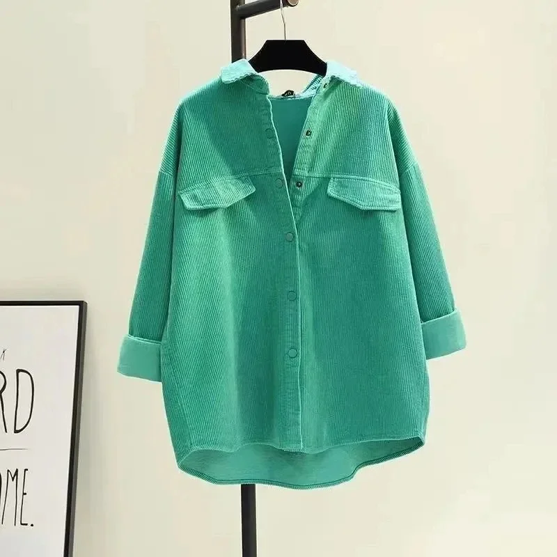 

Avocado Green Mid-length Corduroy Shirt Women's 2024 Spring Loose Everything Thickened Double Pocket Shirt Coat Cardigan B163