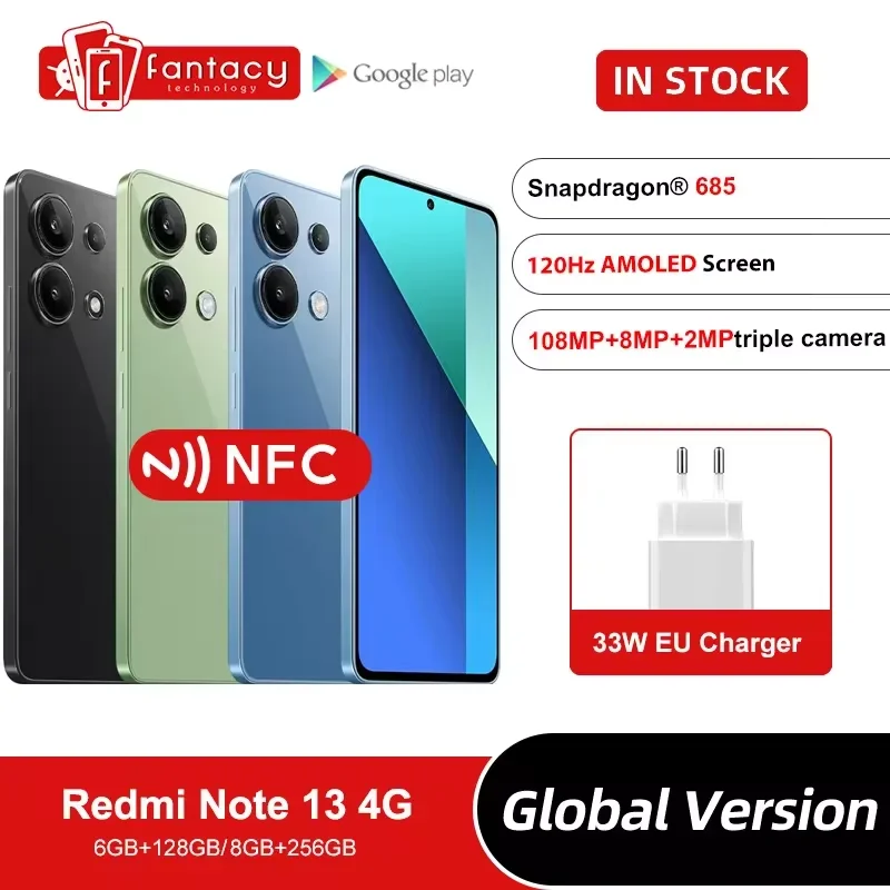 Versão Global Smartphone Xiaomi Redmi Note 13 Snapdragon ®   685 Câmera 108MP 33W carregando display AMOLED 120Hz