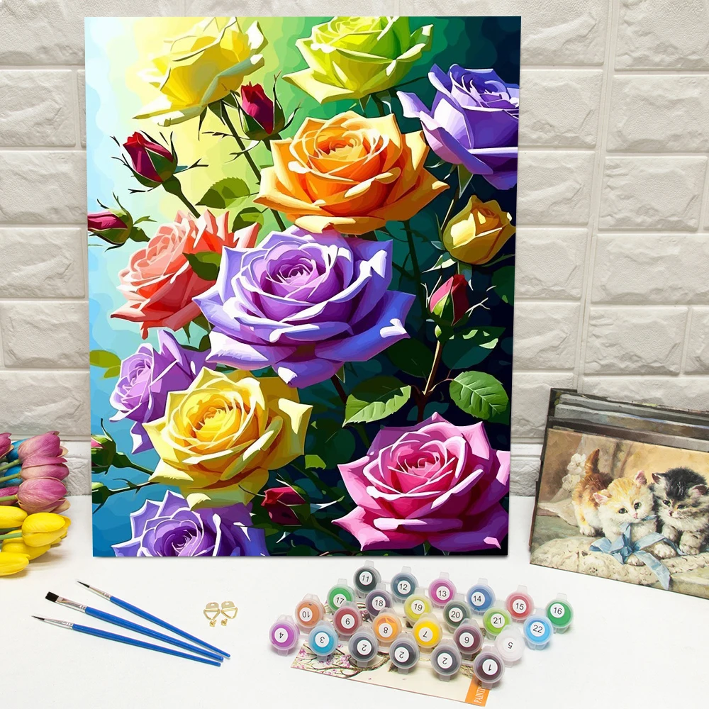 Digitales Ölgemälde, Rosen-Ölgemälde nach Zahlen, Blumen-DIY-Set für Erwachsene, Bild, Kunsthandwerk auf Leinwand, Heimdekoration, Geschenk