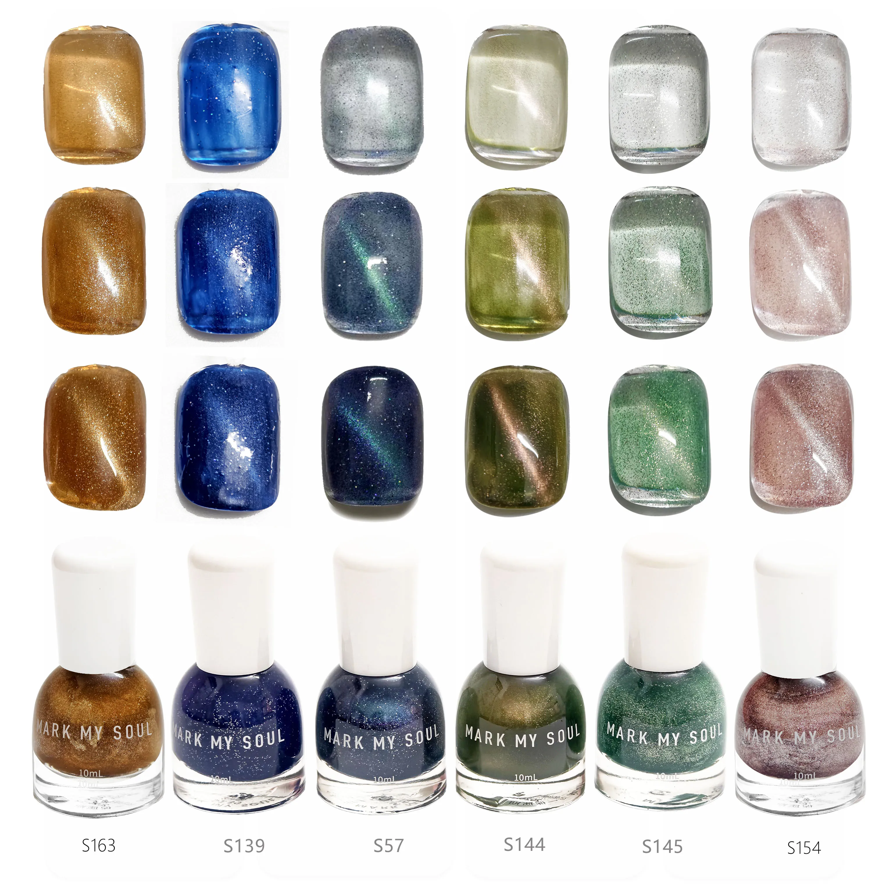 6Pcs Mint Forest Green Premium Cat Eye Nail Polish Set, MARK MY SOUL No Cure Magnetic Nail Lacquer S163/S139/S57/S144/S145/S1
