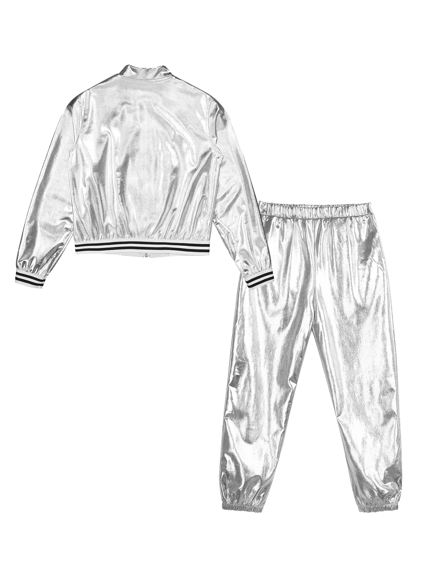 children Girls Metallic Shiny Long Sleeve Zipper Baseball Jacket with Pants Hip Hop Jazz Street Dance Sports Workout Costume Set