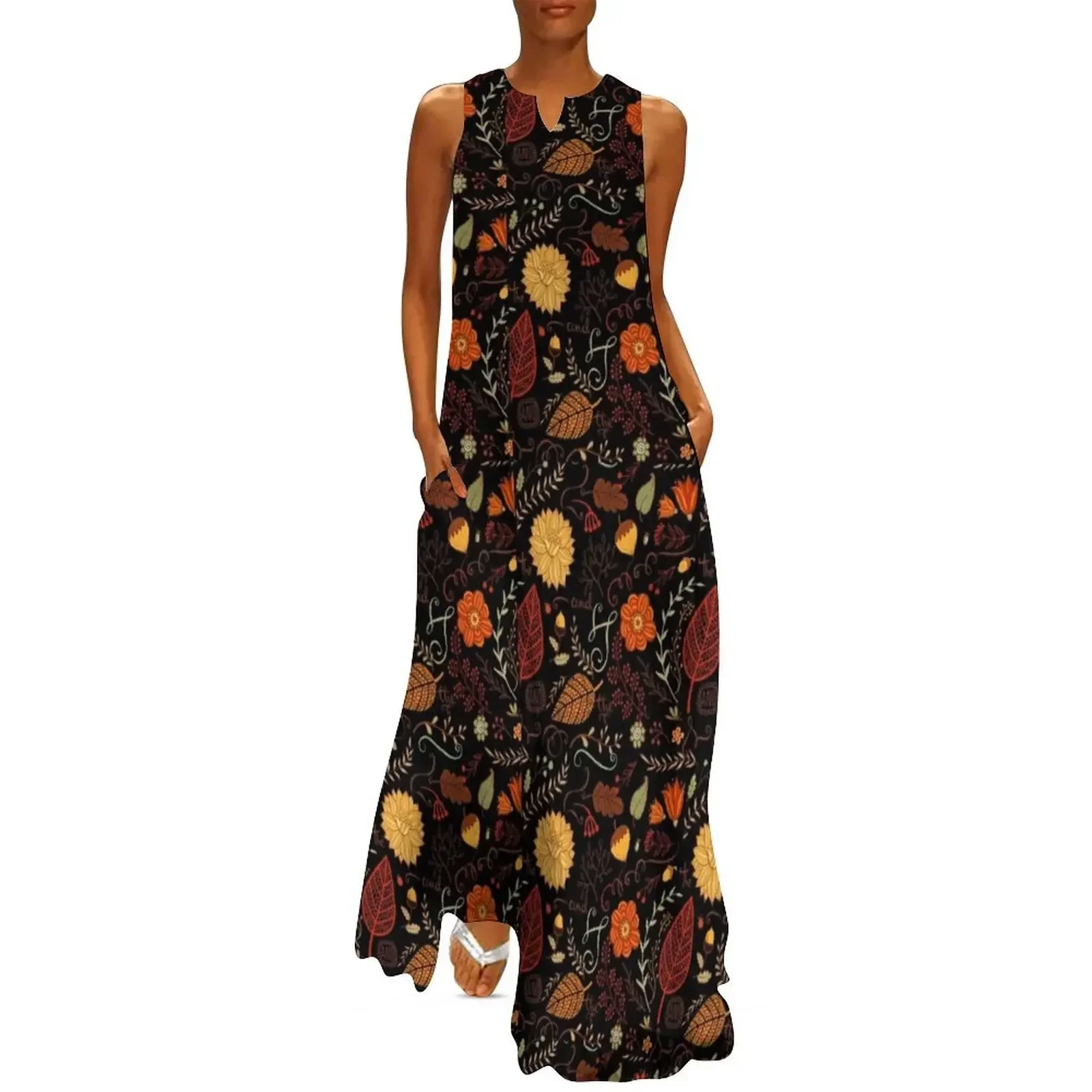 

Autumn Floral/ Leaf Design on Black Long Dress Long dresses elegant chic women dresses promotion summer dress womens 2025 Dress