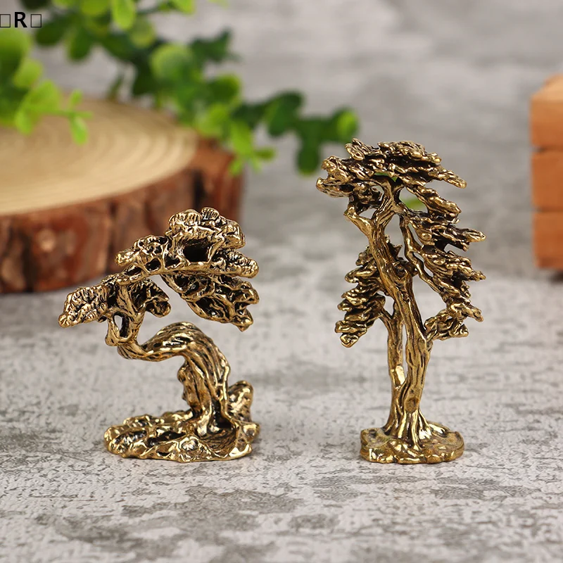 〔R〕1Pc Brass Mini Welcome Pine Figurine Tree Miniature Landscape Small Bonsai Tree Statues Decorations Accessories〔Winter2〕