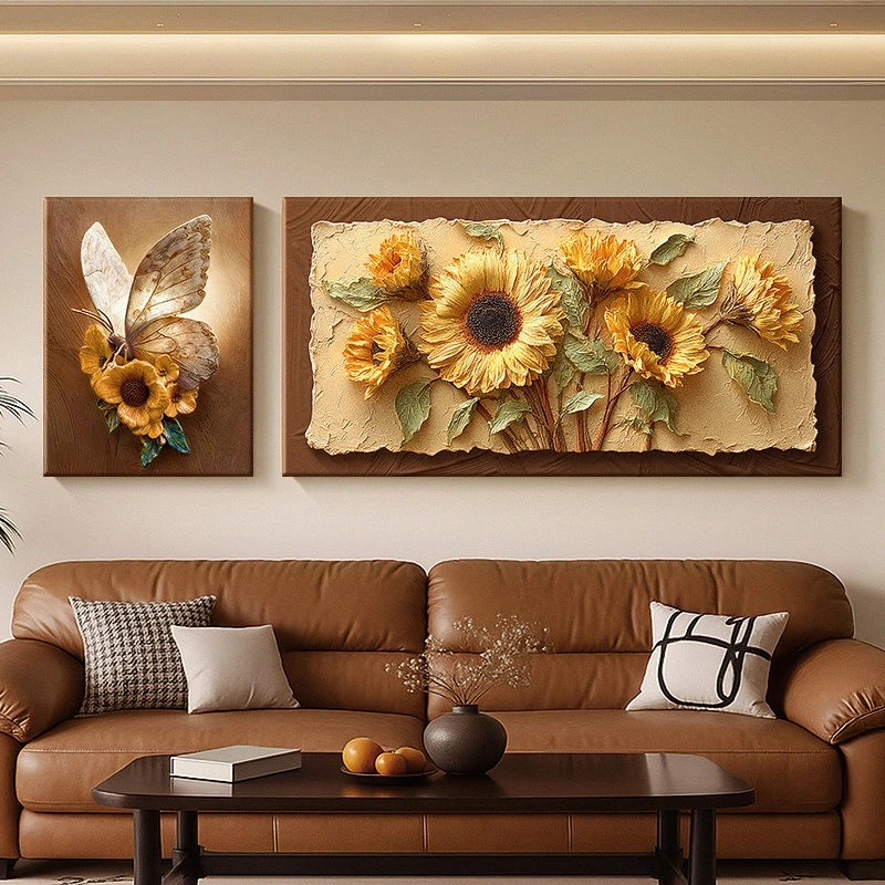 Girassol medieval pintura decorativa arenito sala de estar borboleta duplo mural alívio quadro decorativo decoração interior