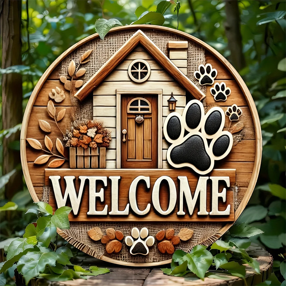 Adorable Puppy Paw Print and House Design Wooden Welcome Sign 8x8 Inch Round Wooden Artwork Perfect for Living Room Bedroom