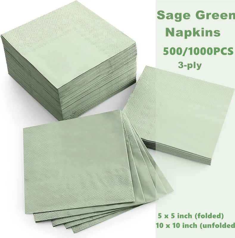 500PCS Sage Green Paper Cocktail Napkins Disposable 3 Ply Beverage Embossed Wedding for Birthday Dinner Party Bridal Shower Xmas