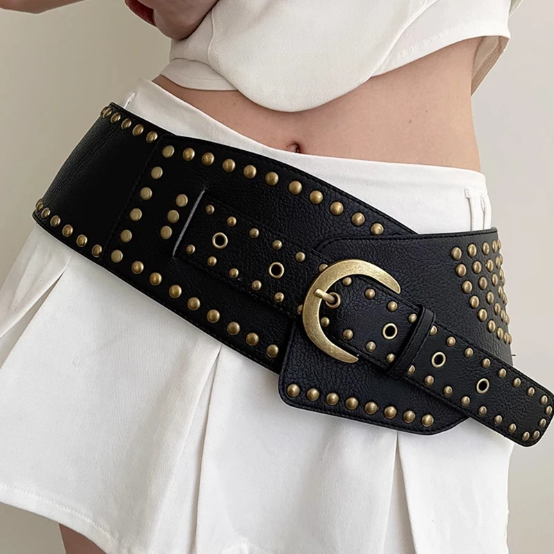 Y2K Rivet Studded Belt Vintage Punk Asymmetric Dress Belts For Women Waist Big Stretch Cummerbunds Female Waist Black Corset