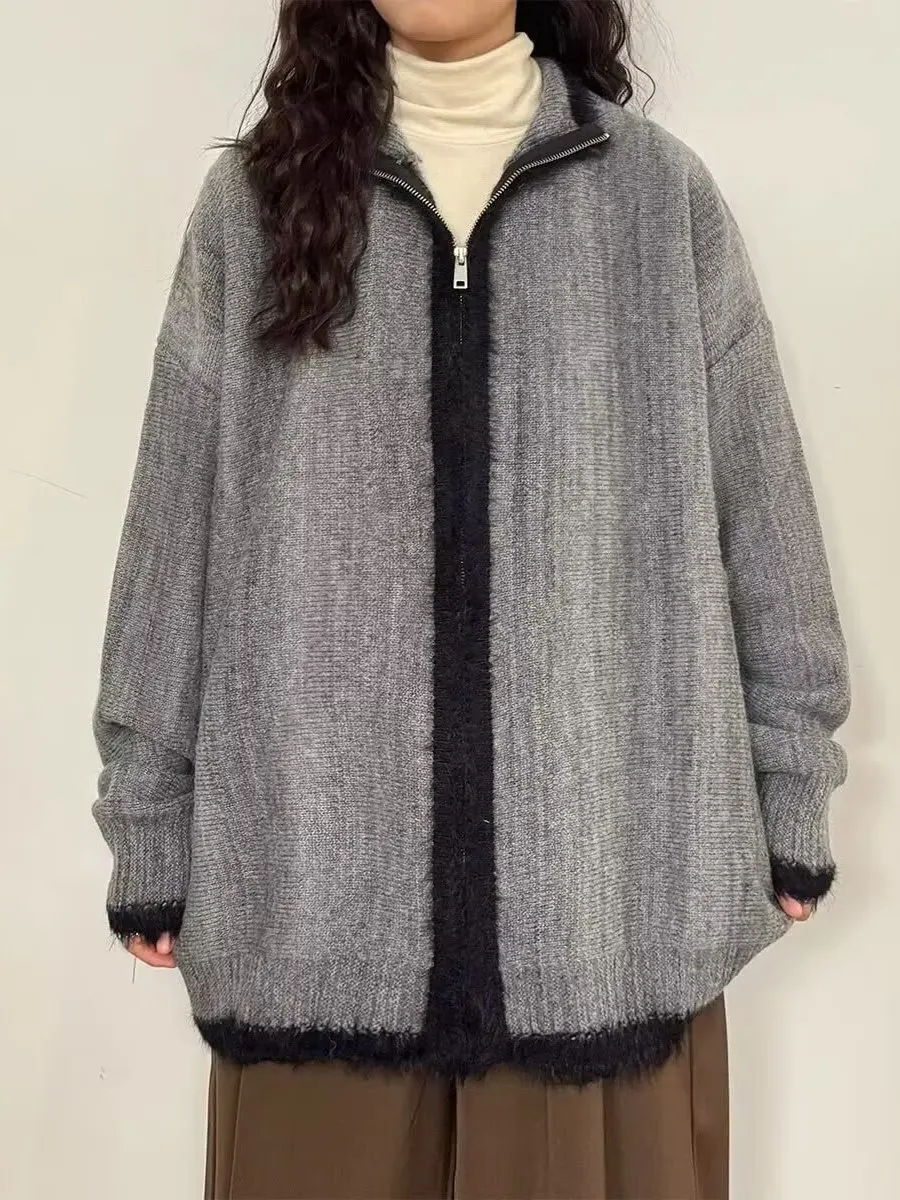 

Американский ретро цветной вязаный открытый кардиган, свитер, женский осенне-зимний свитер больших размеров, корейский ленивый свободный утягивающий свитер...