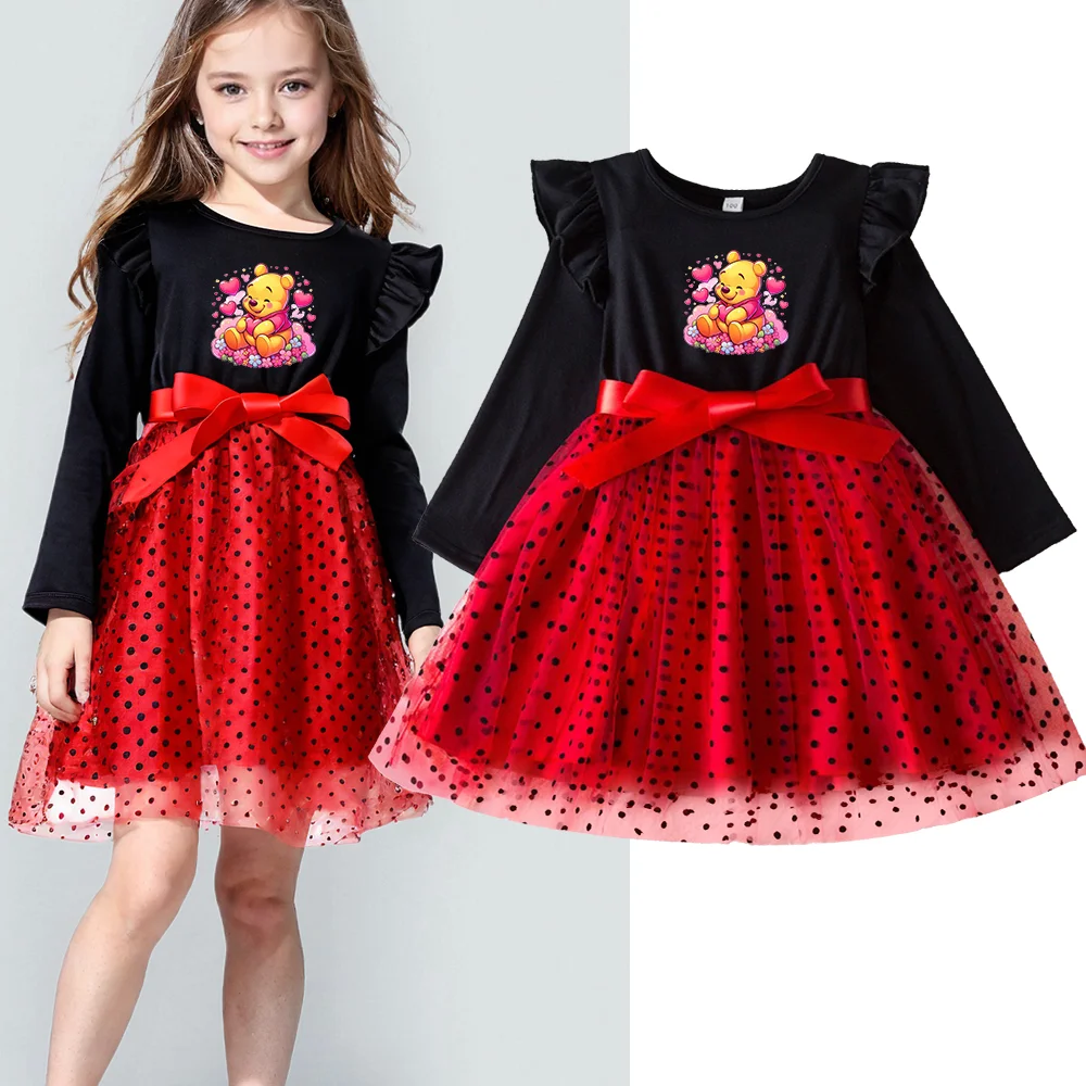 Winnie the Pooh Red Christmas Dress for Baby Girls Winter Long Sleeve Mesh Dresses for 3-7Yrs Kid Birthday Party Princess Dress