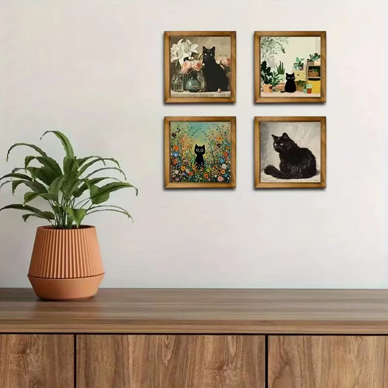 4pcs black cat framed wooden wall decor set. Nano tape included, no drilling needed for cottage style home decoration.