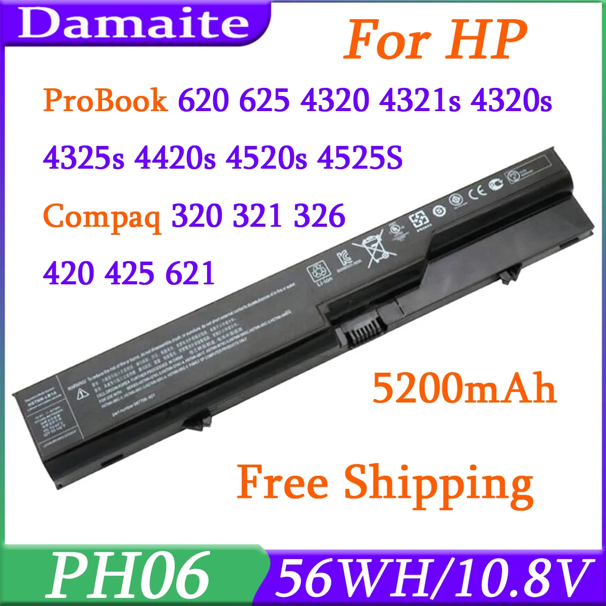 

PH06 47WH Laptop Battery For HP ProBook 520s 4525S 4425s 4320s 4321s Compaq 320 321 326 420 425 HSTNN-CB1 HSTNN-DB1B HSTNN-LB1A