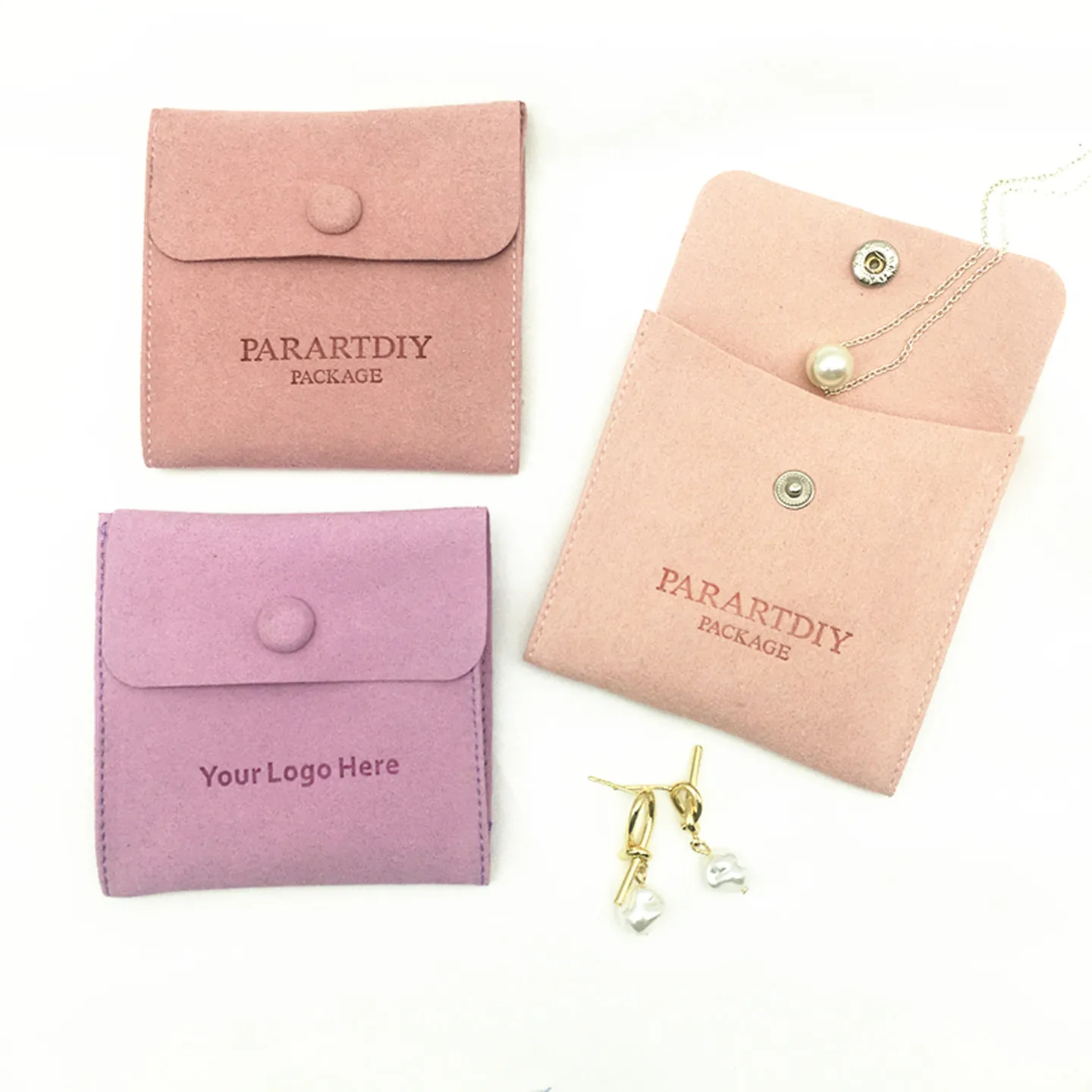 

50pcs custom jewelry package supplies personalize logo microfiber pouch bag with button necklace packaging bags with logo