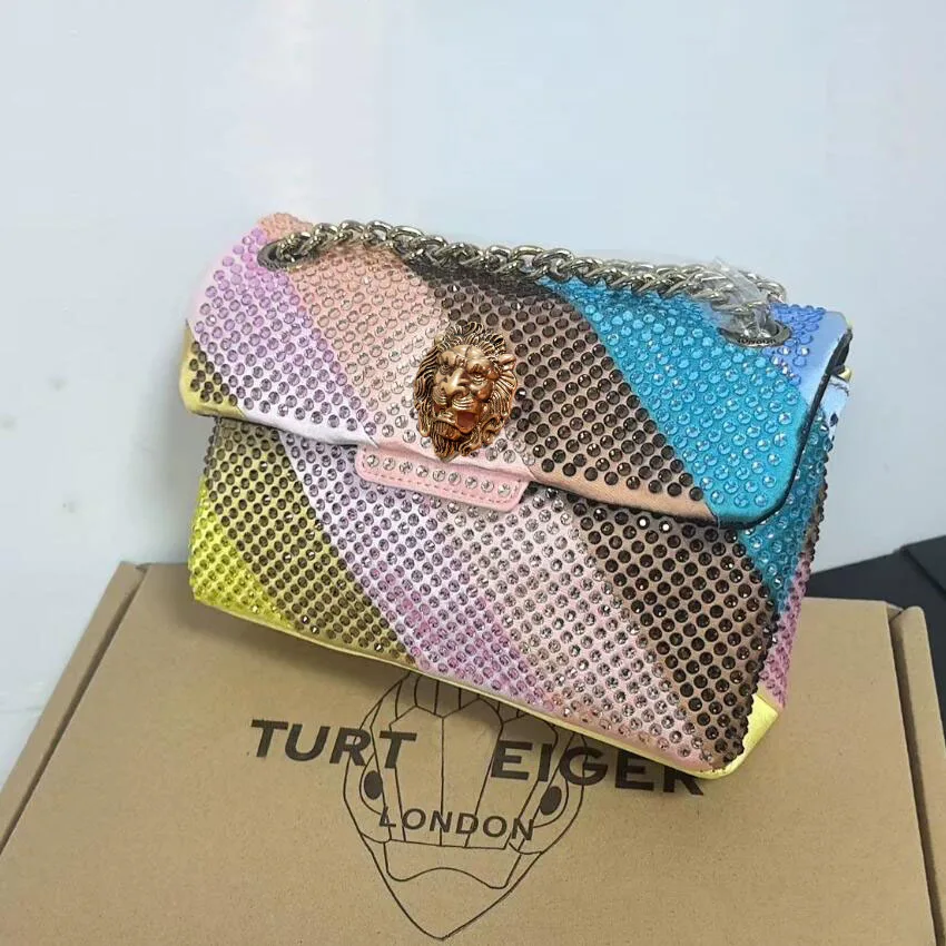 

High-end single shoulder crossbody bag rainbow patterned leather with rhinestone accents long strap elegant appearance makeup