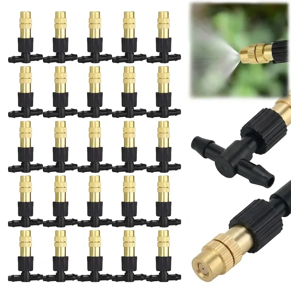 10-100PCS Brass Misting Nozzles with 1 4 Inch Tee Joint 4 7mm Hose Adjustable Spray Sprinkler Garden Greenhouse Lawn Watering