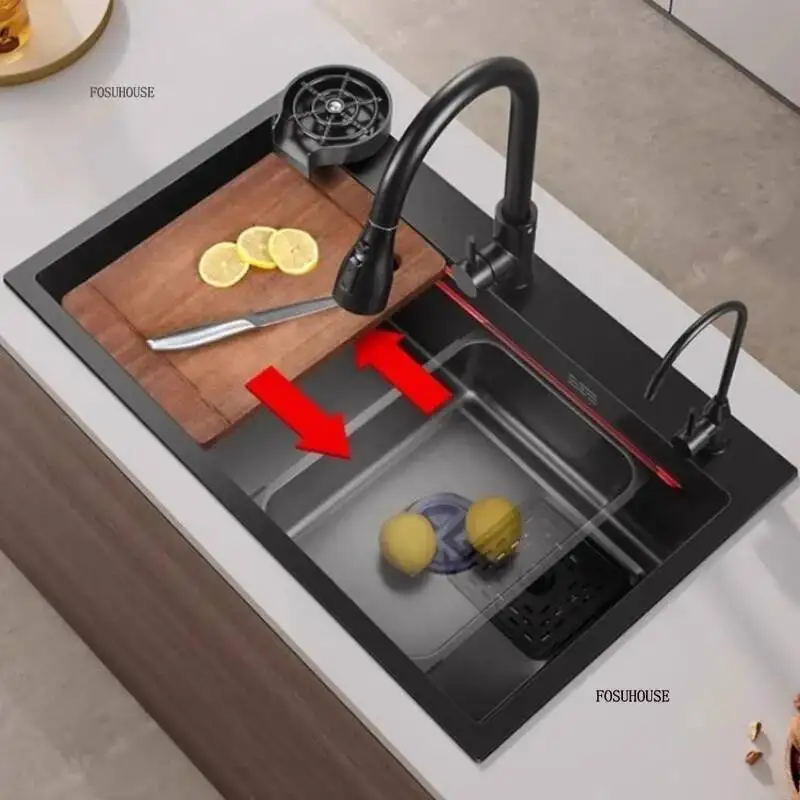 Grifos de fregadero modernos de acero inoxidable 304, accesorios de cocina, fregaderos individuales de cocina gourmet para el hogar de Nano calidad alimentaria, color negro