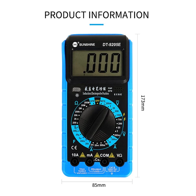 Imagem -04 - Ferramentas Multímetro Digital Alta Precisão Display Lcd Instrumento Multifuncional Power Meter Sunshine-dt-9205e