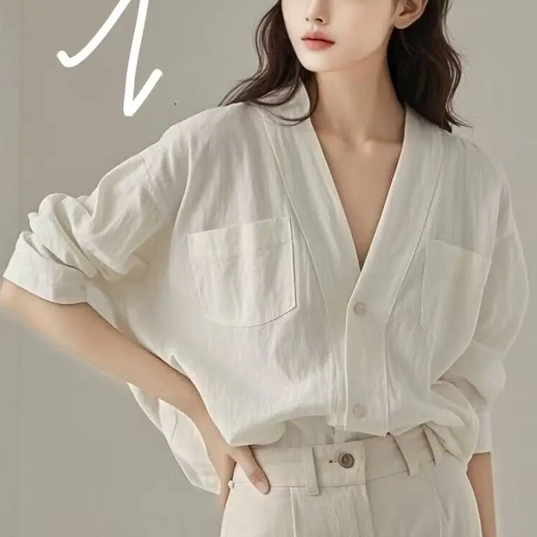 เสื้อคอวีฝรั่งเศสผ้าฝ้ายแท้หลวมแขนยาวสีขาวบาง ZT80