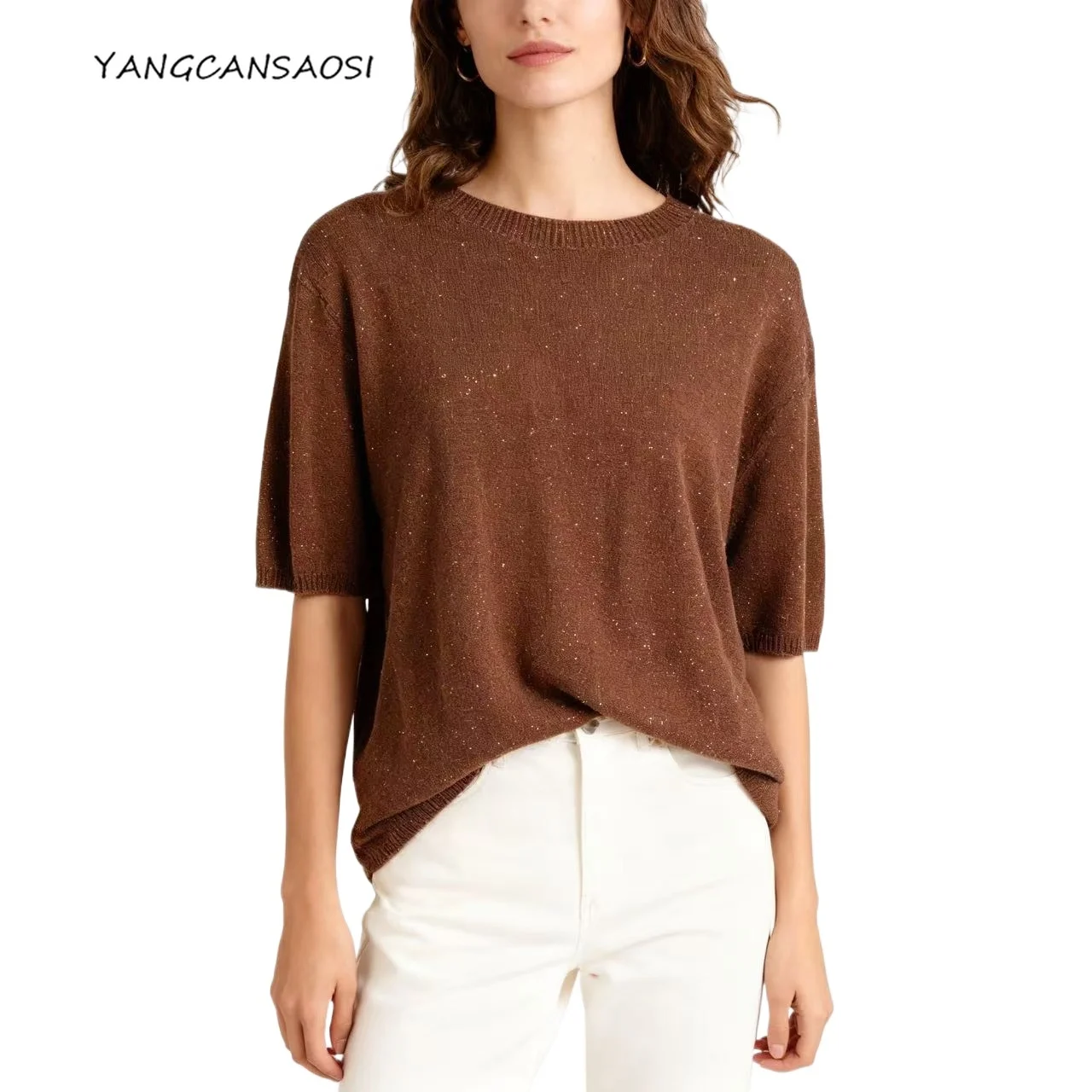 

2025 женская ранняя осень, новая одежда, 100% шерсть, яркий шелк, золотая пряжа, круглый вырез, низ с пятью рукавами, вязаный свитер