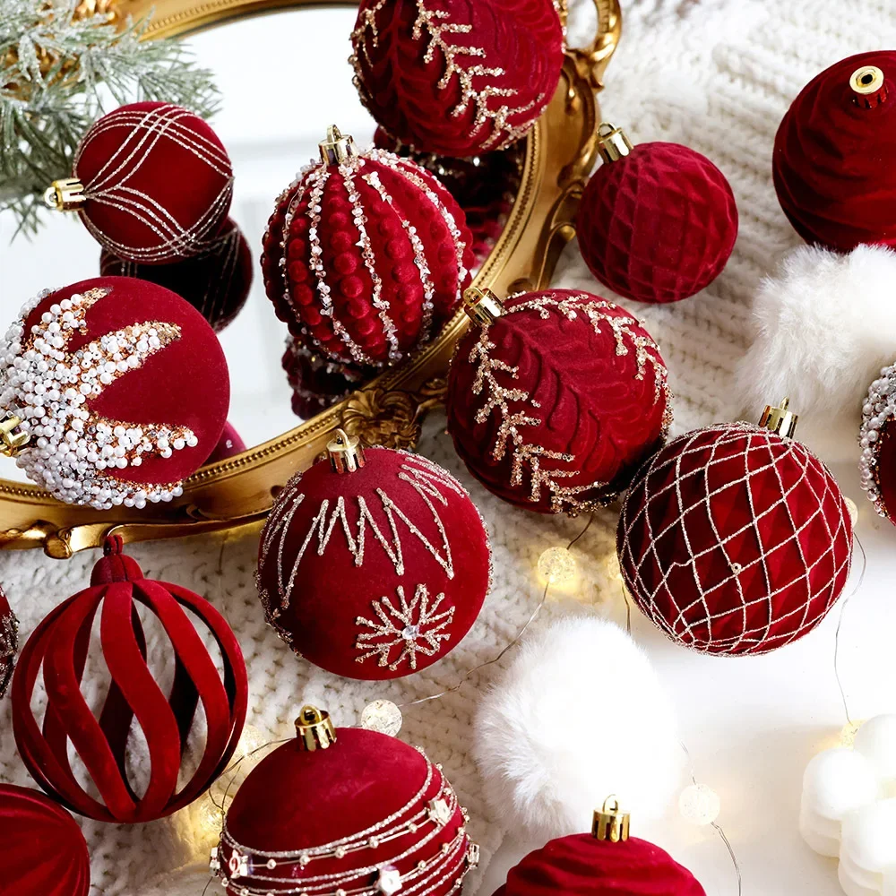 

6-8CM Christmas Ball Ornaments Tree Decorations for Holiday Wedding Party Decor Red Plush Painted Ball Velvet Material