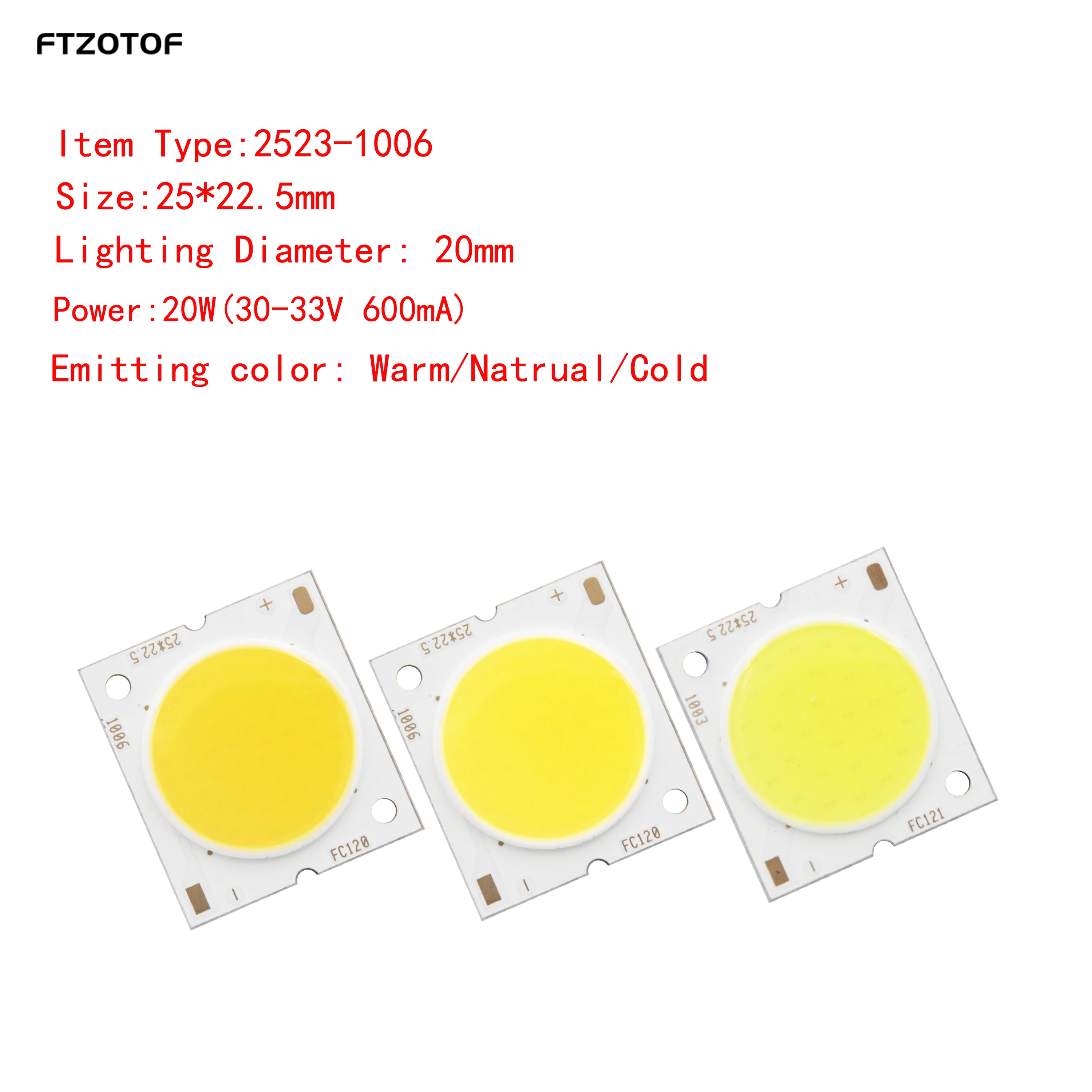 

FTZOTOF LED COB Источник зоны освещения 20 Вт 25*23 мм Ультра яркая лампа Диодный чип Холодный теплый натуральный белый для трековой лампы