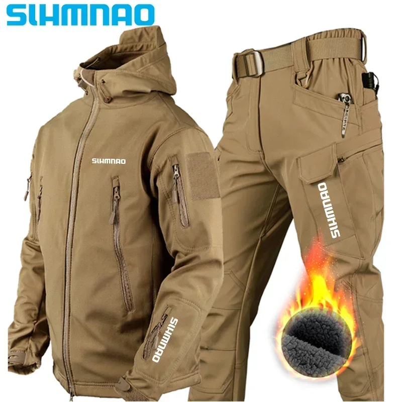 Soft shell fishing suit men\'s autumn and winter warm cycling jacket hiking travel hunting skiing fisherman shark skin set 2025