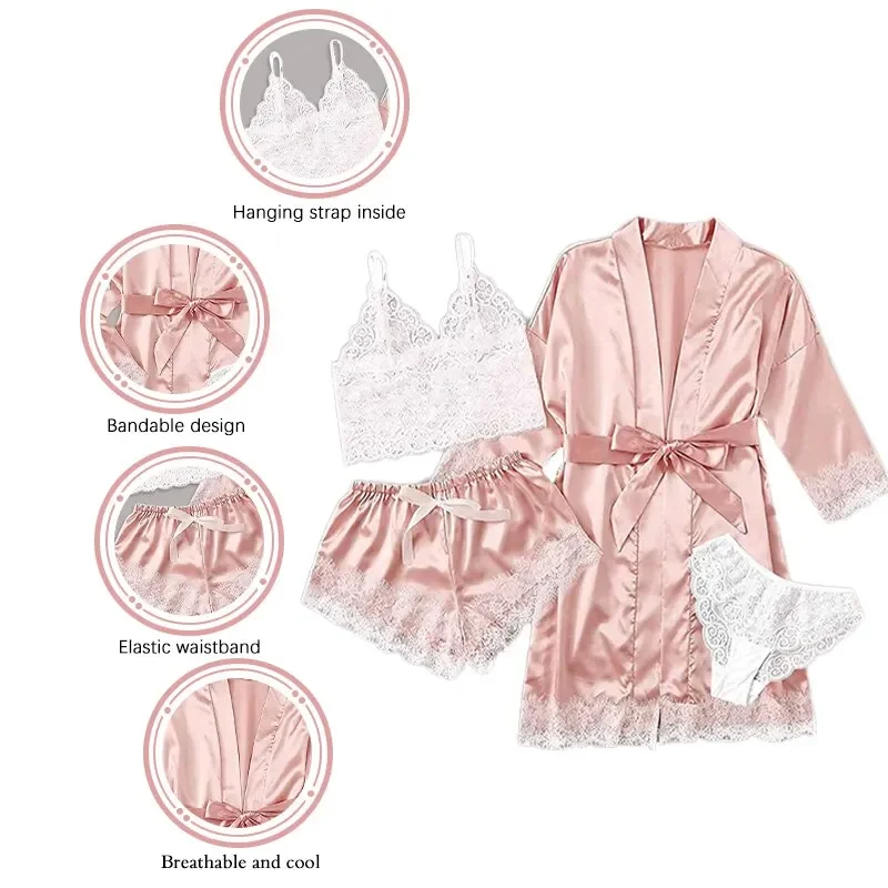 Women's Summer Sexy Pajama Pants Set 4 Pieces Lace Satin With Silk Sleepwear Robe Fashion And Comfortable Nightwear