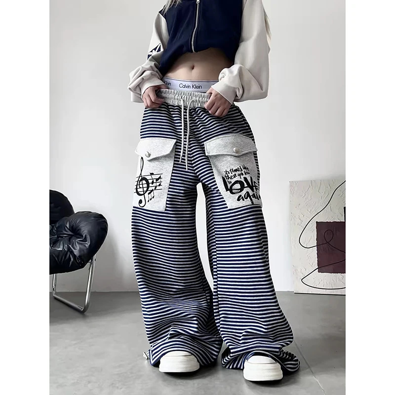 ZHIZOU Women's Blue Baggy Wide Leg Sweatpants Oversize Stripes Pants Harajuku Japanese 2000s Style Vintage Y2k Dance Trousers