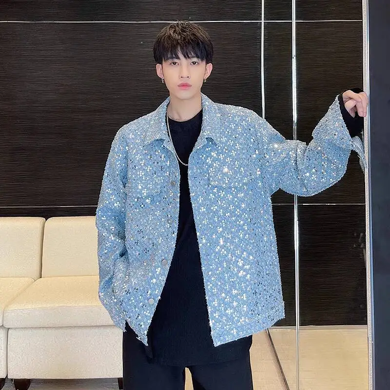 

Sequin Shiny Street Cool Denim Jacket For Men Korean Trendy Loose Niche Celebrity High-End Coat Autumn Mens Clothing Blue