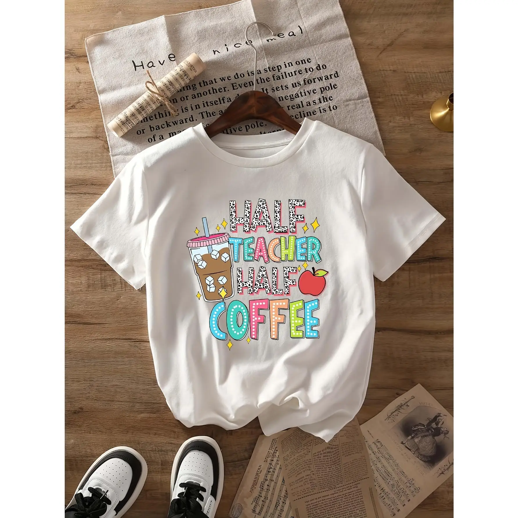 

Funny Half Teacher Half Coffee T-Shirt for Women, Teacher Appreciation School Gift, Coffee Lover Graphic Tee Top