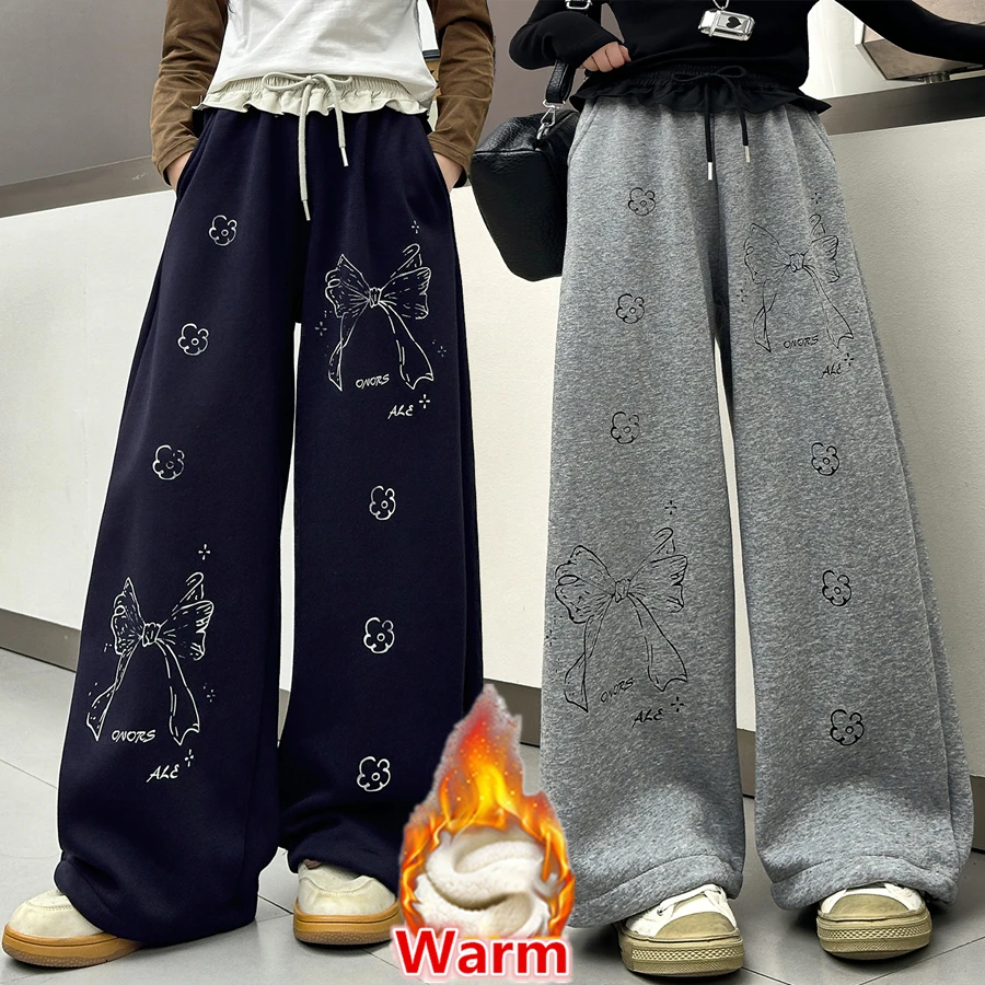 

Kids Casual Winter Insulated Sweatpants with Bow Print for Tweens Girl Loose Straight Thermal Pants Child Thick Warm Trousers