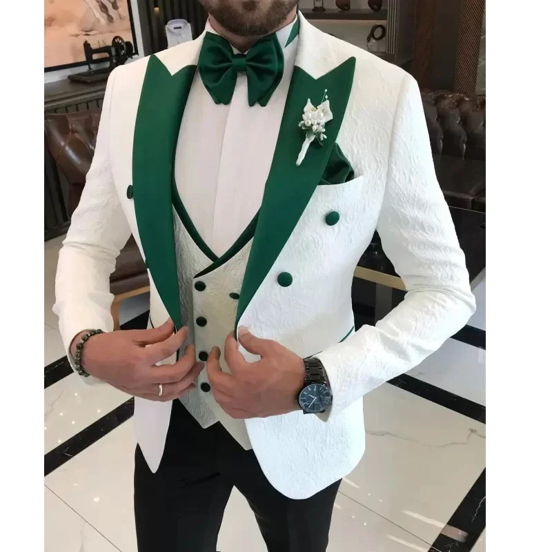 Wedding Suits For Men White Floral Burgundy Satin Lapel Groom Formal Tuxedos Slim Fit Men Suit Set 3 Pieces