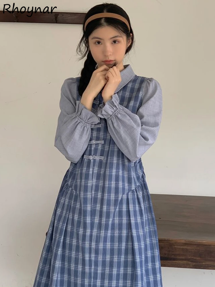 

Plaid Dresses Women Special Button Chinese Style All-match Daily Leisure Classic Popular Young Students Elegant Pretty Simple