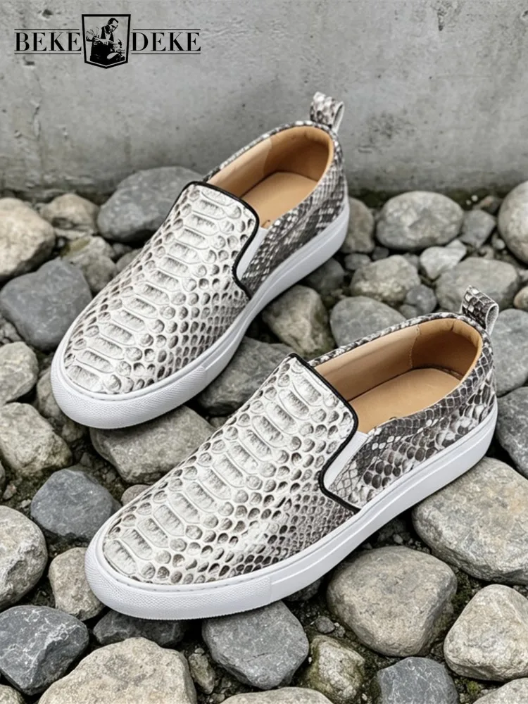 Mens Business Casual Real Snakeskin Driving Shoes New Round Toe Low Cut Slip On Loafers Vintage Genuine Leather Skateboard Shoes