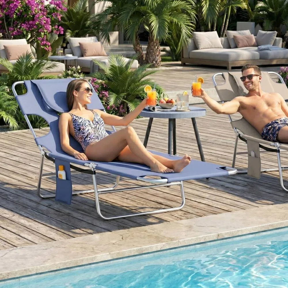 Tanning Chair With Face Hole 5-Level Adjustable Outdoor Chaise Lounge Chair With Pillow for Beach Pool Patio Backyard Summer Tanning Bed Folding Recliner Portable Heavy Duty Aluminum Frame UV Resistant Gray view 2