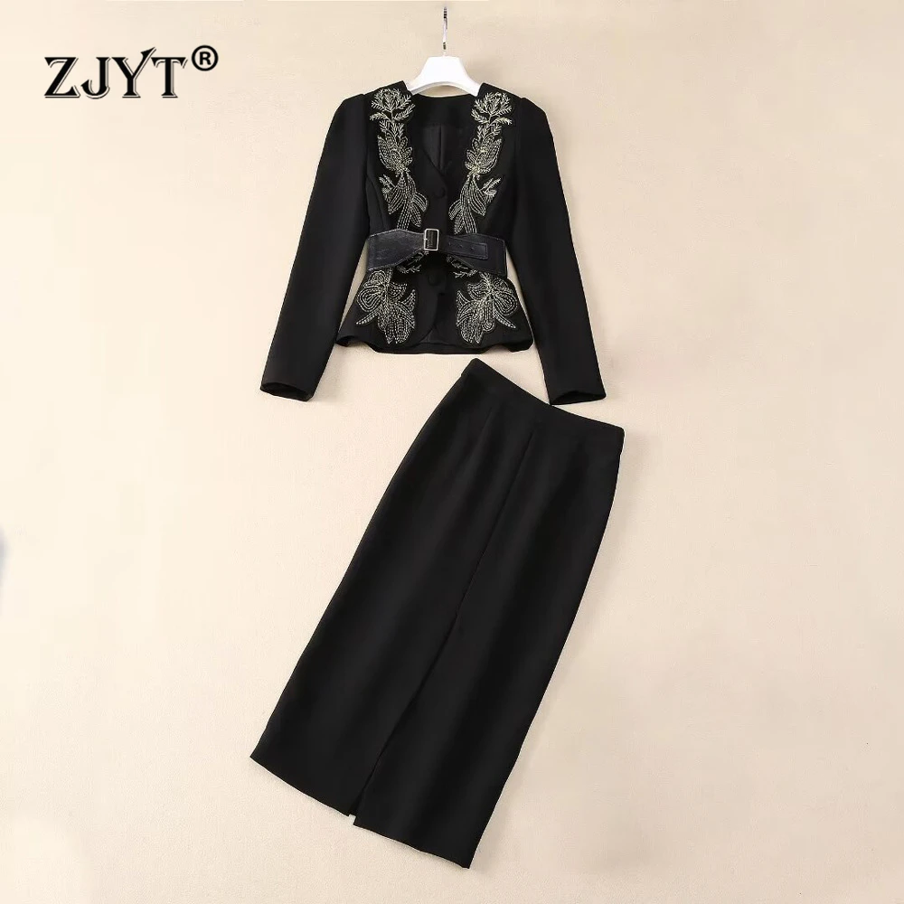 ZJYT Autumn Winter Embroidery Blazer with Skirt 2 Piece Matching Set for Women Elegant Vintage Black Outfit Party Luxury Suits