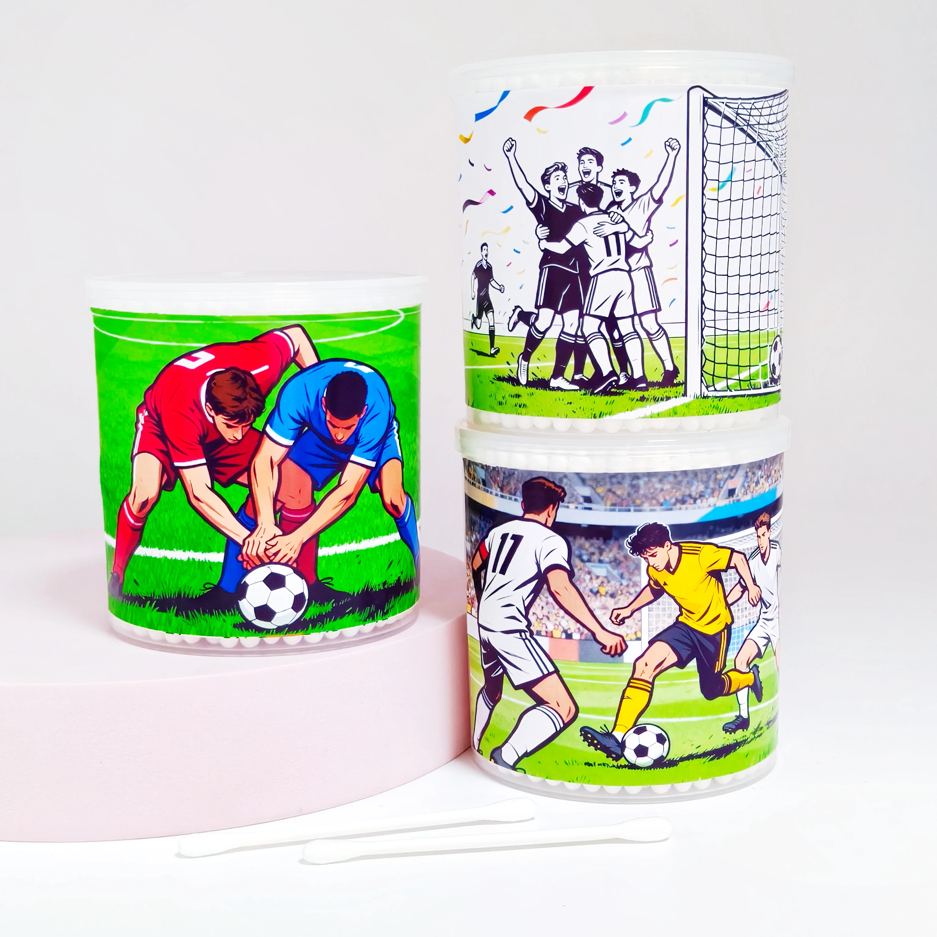 600 قطعة/800 قطعة من أعواد القطن بنمط موضوع كرة القدم، أنبوب أبيض، أعواد قطنية مزدوجة الأطراف #1