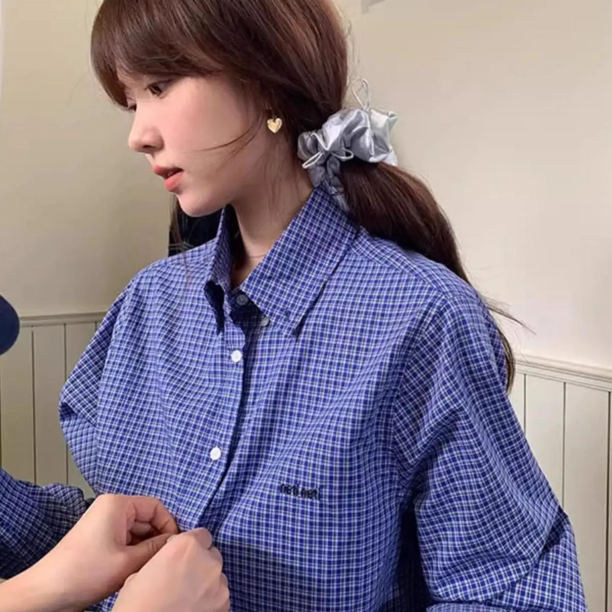 

Retro Embroidered Blue Plaid Loose Casual irt Single Button Exclusive Sle Women's Busin Casual irt Long Sve ...