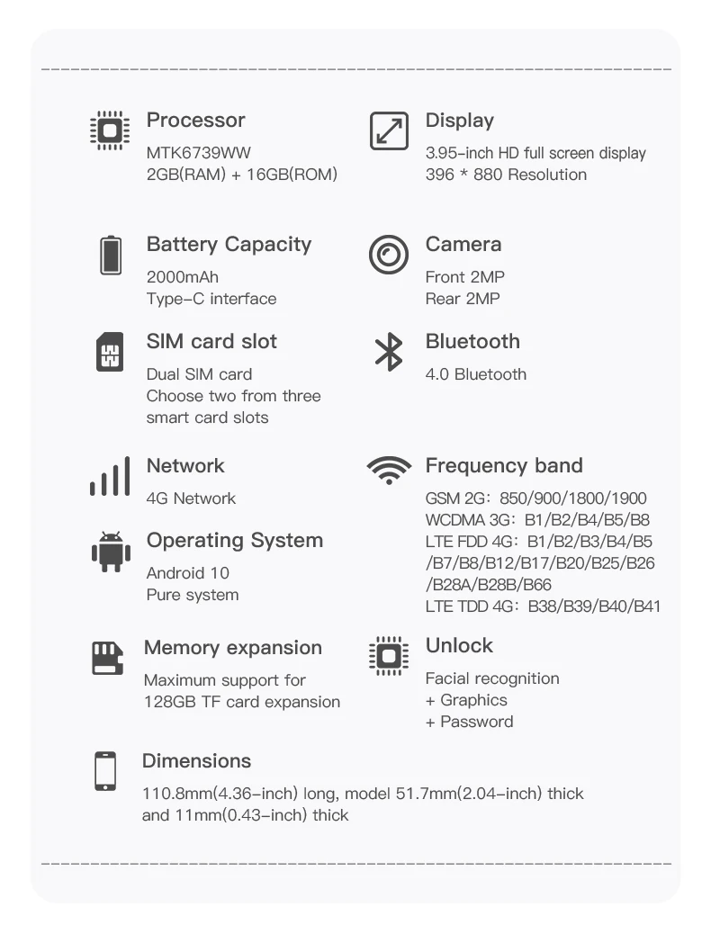 ONEMYTH A19 Pro 3.95" Full Screen 4G LTE Mini Smartphone 2GB RAM 16GB ROM Android 10 Dual SIM 2000mAh Elderly Small Phone