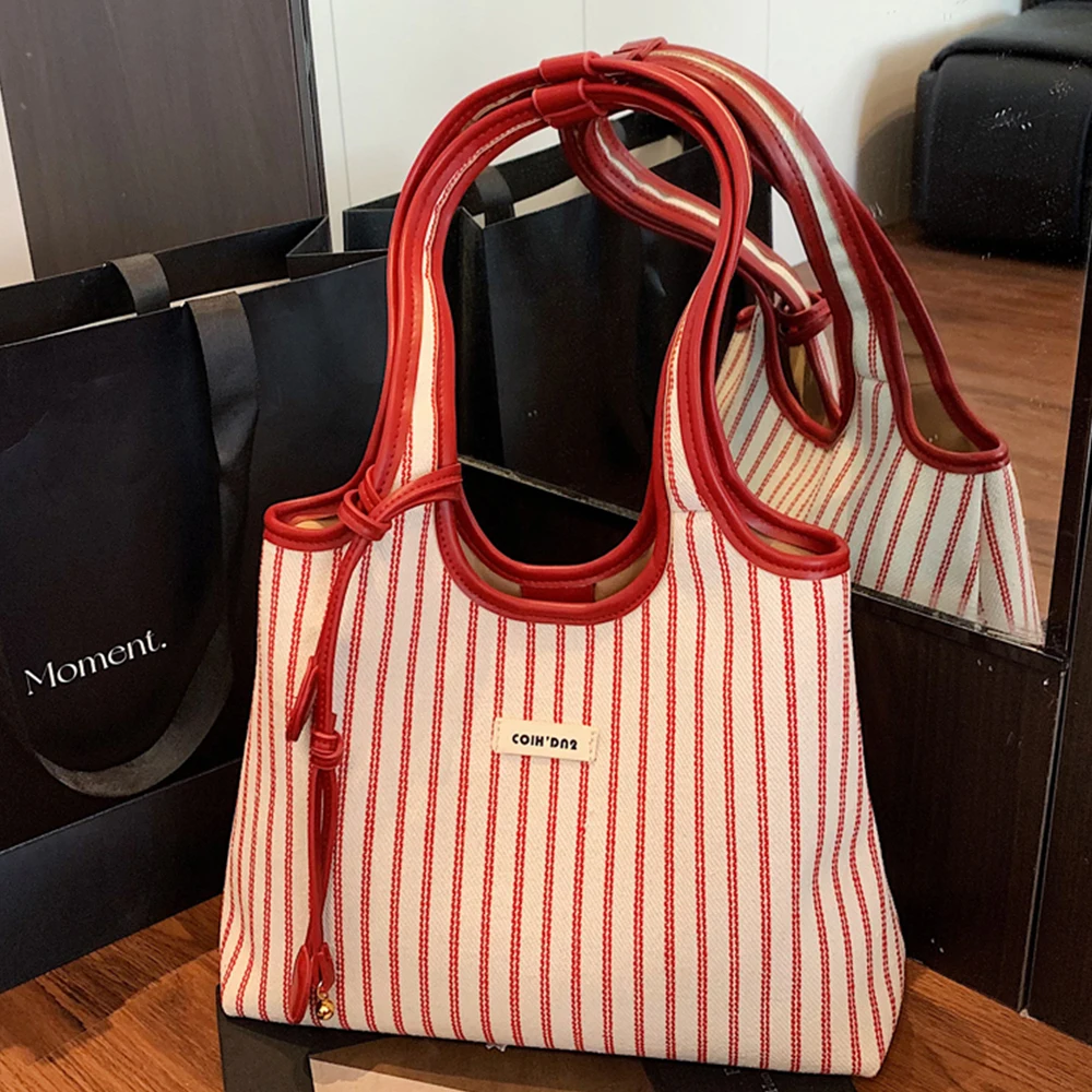 

Texture Women Tote Bag Contrast Color Stripe Shoulder Bags Large Capacity Female Daily Commute All-match Underarm Packs Handbags