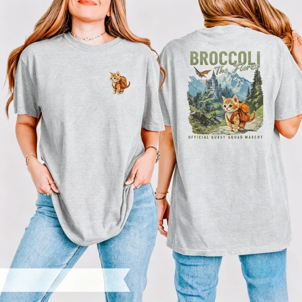 Broccoli The Fierce Graphic T-Shirt Women Cotton Short Sleeve Cute Fierce Cat Pun Fantasy Adventure Style Medieval Castle Shirt