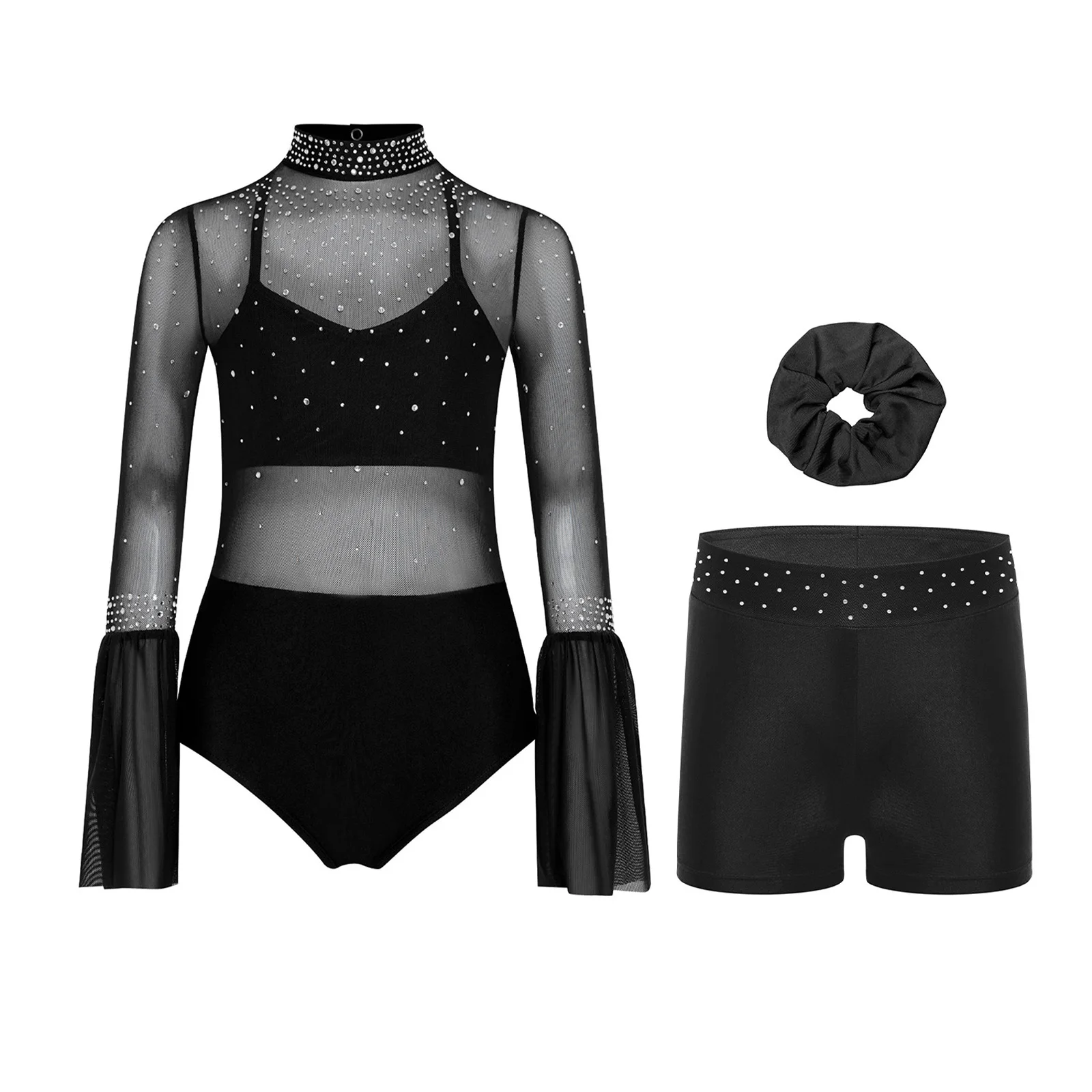 

Kids Girls Gymnastics Figure Skating Dance Outfit Mock Neck Flare Sleeve Sheer Mesh Ballet Leotard with Shorts and Headwear