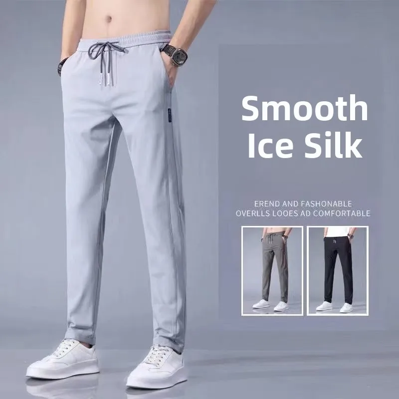 Ice Silk Loose Fit Summer Thin Casual Pants Men's Breathable Sport Trousers Straight Leg High Waist Pure Color Workwear