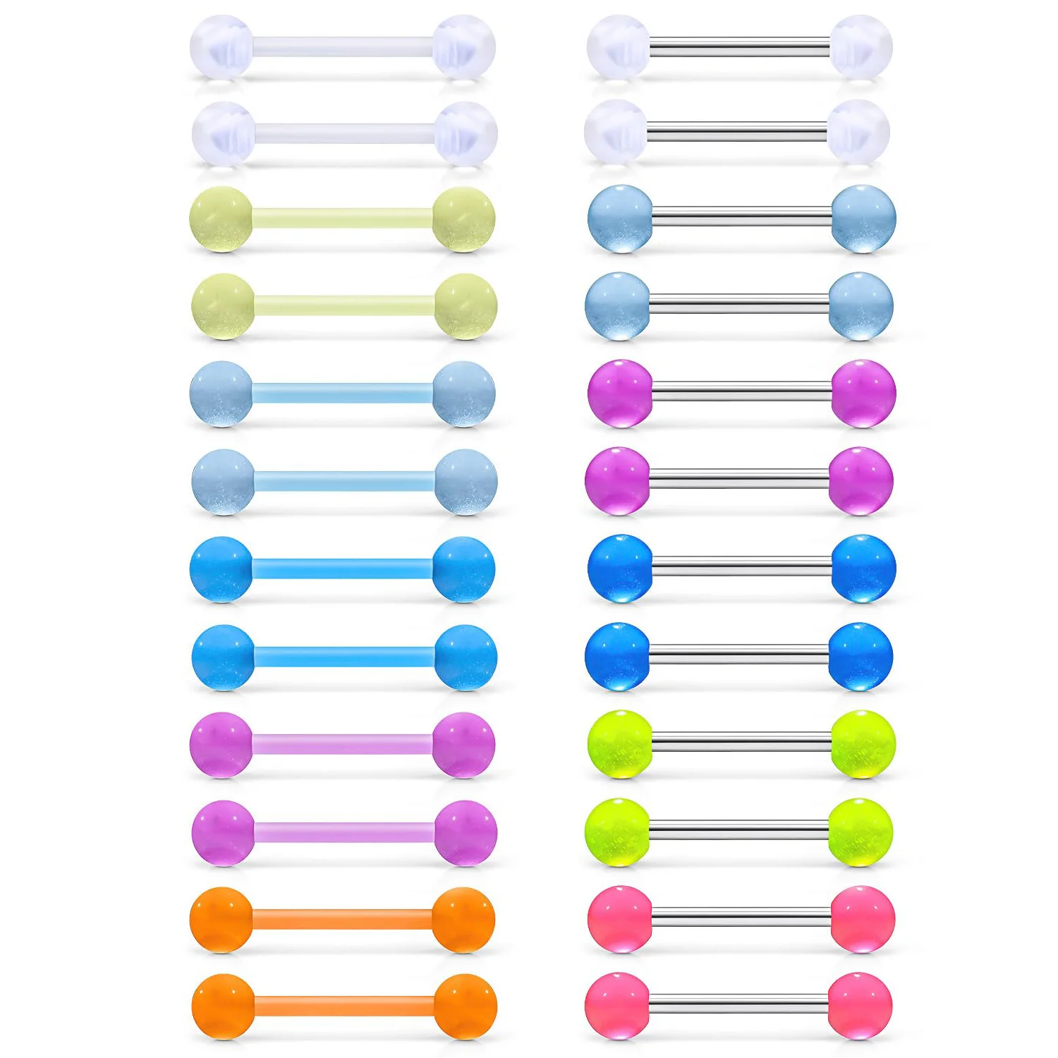 24pcs/Set Flexible Bioplastic Glow in The Dark 14G 16mm Bars Nipple Bridge Stainless Steel Tongue Rings Piercing Barbell Jewelry