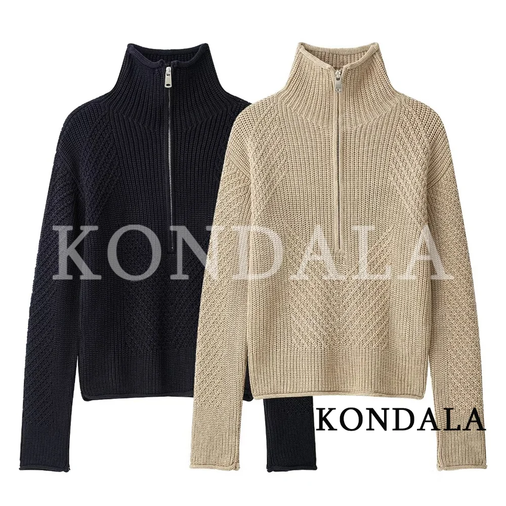 KONDALA Women Casual Chic Stand-Collar Sweater Elegant Old Money Aesthetic Zip-up Sweater 2026 Autumn/Fall Trendy Vintage Tops
