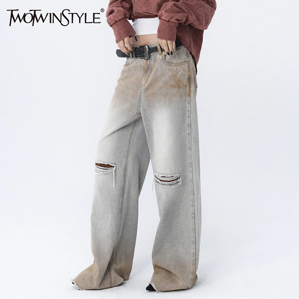 

TWOTWINSTYLE Spliced Belt Designer Loose Jeans For Women High Waist Patchwork Pockets Casual Chic Demin Pant Female Fashion New