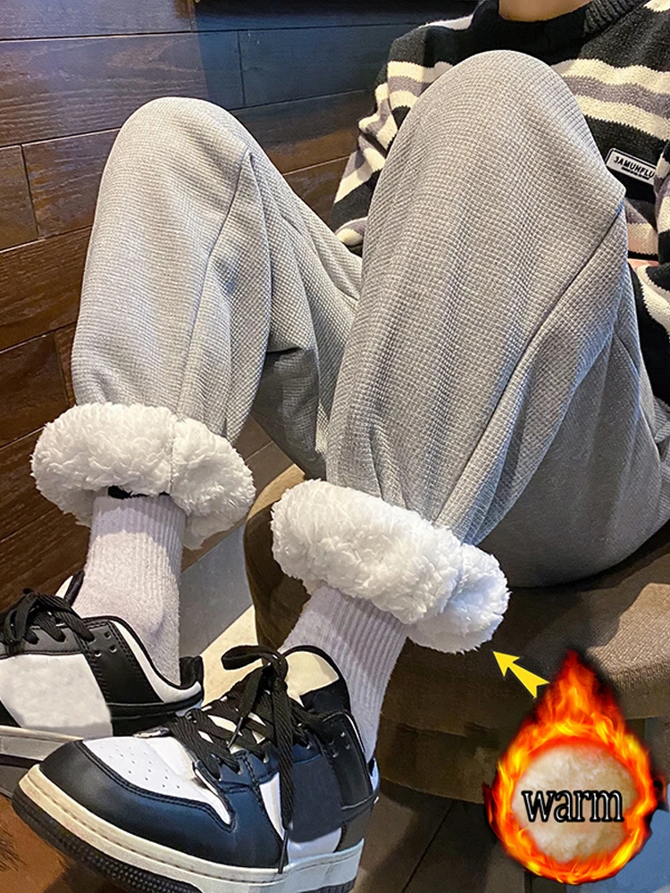 Herbst- und Winter-Fleece-gefütterte, dicke Waffelhose für Damen und Herren, lässige sportliche lange Hose, lockere Jogginghose mit geradem Bein und weitem Bein