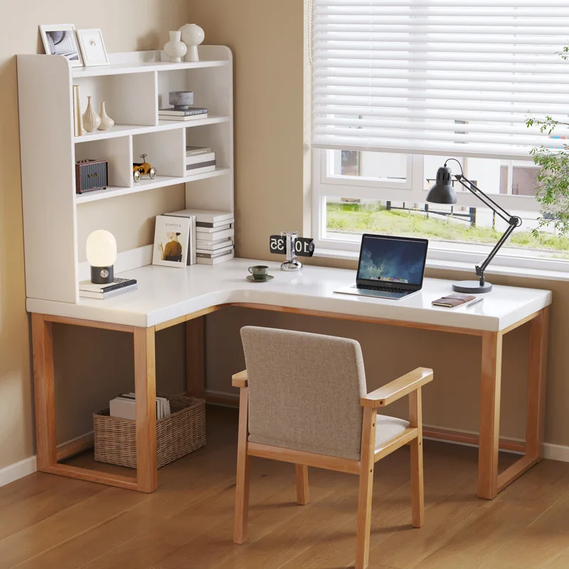 ￥%Solid Wood L-Shape Corner Desk with Bookshelf Office Computer Writing Desk for Window-Side Use
