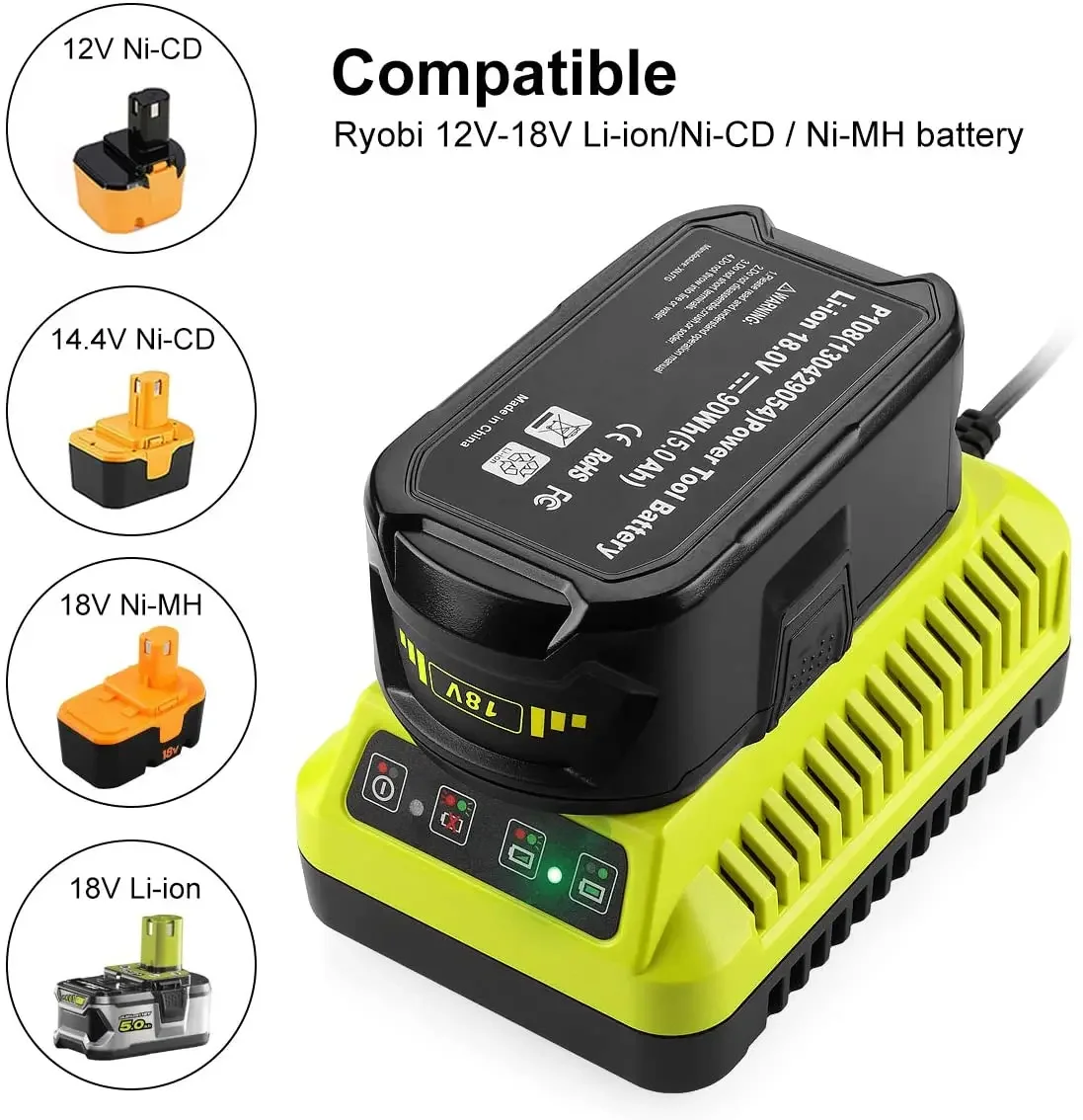 P117 Charger For Ryobi 12V 14.4V 18V Li-ion Ni-CD Ni-Mh Battery P100 P102 P103 P105 P107 P108 1400670 P118 Lithium ONE+ Serise